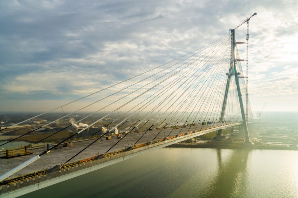 full bridge with sunset