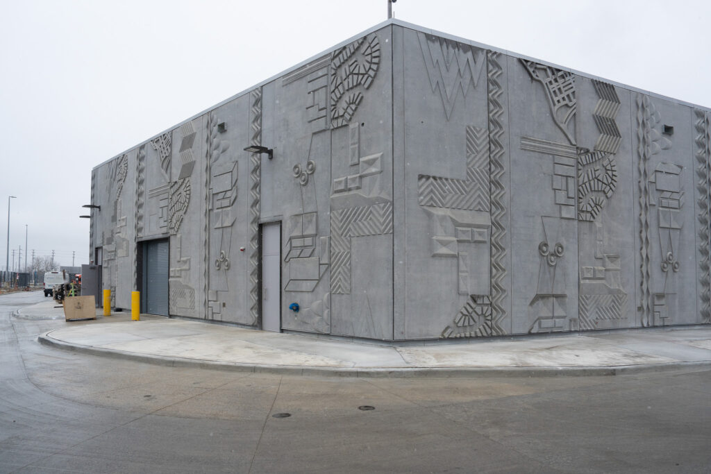 building with fancy wall art