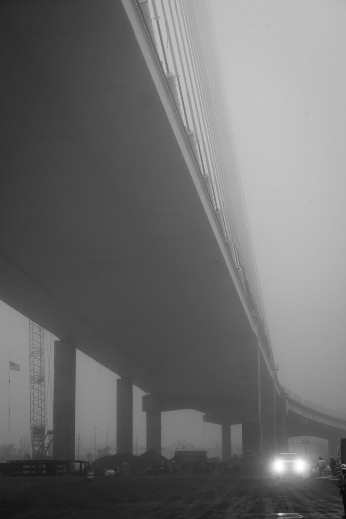 black and white fog of bridge
