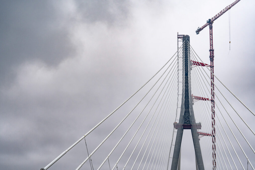 One bridge tower and stay cables of the Gordie Howe International Bridge.