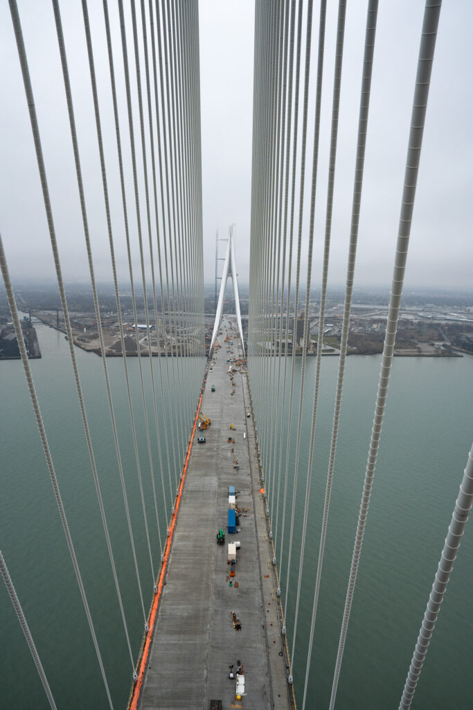 looking down at bridge from top of mast