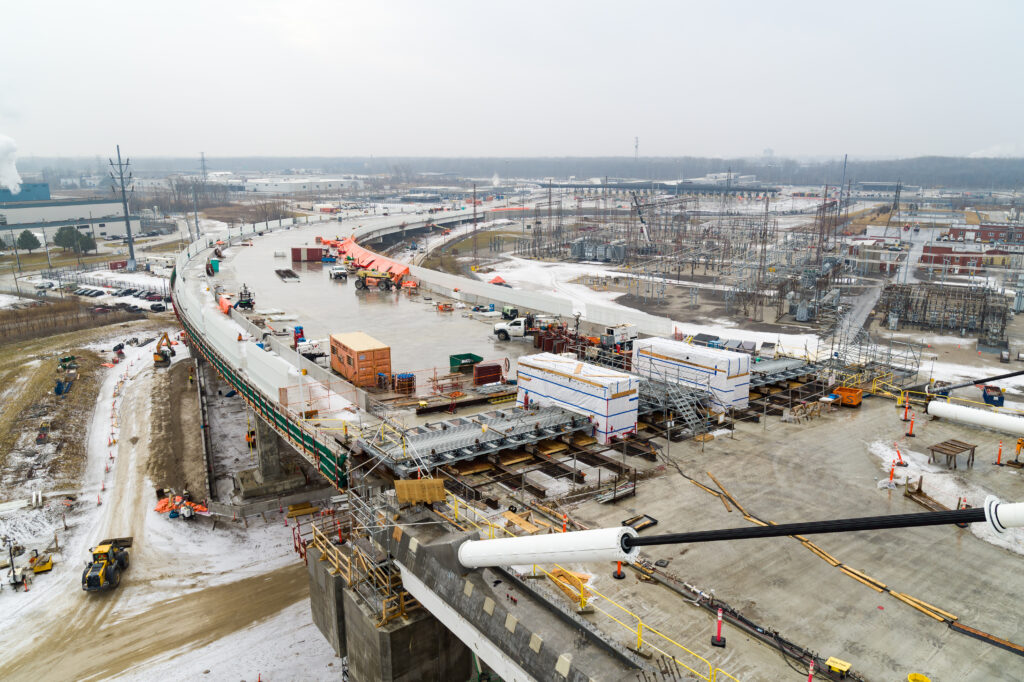 Showing construction on the span of bridge in winter conditions