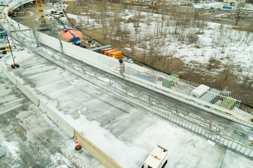 View of bridge construction in winter conditions