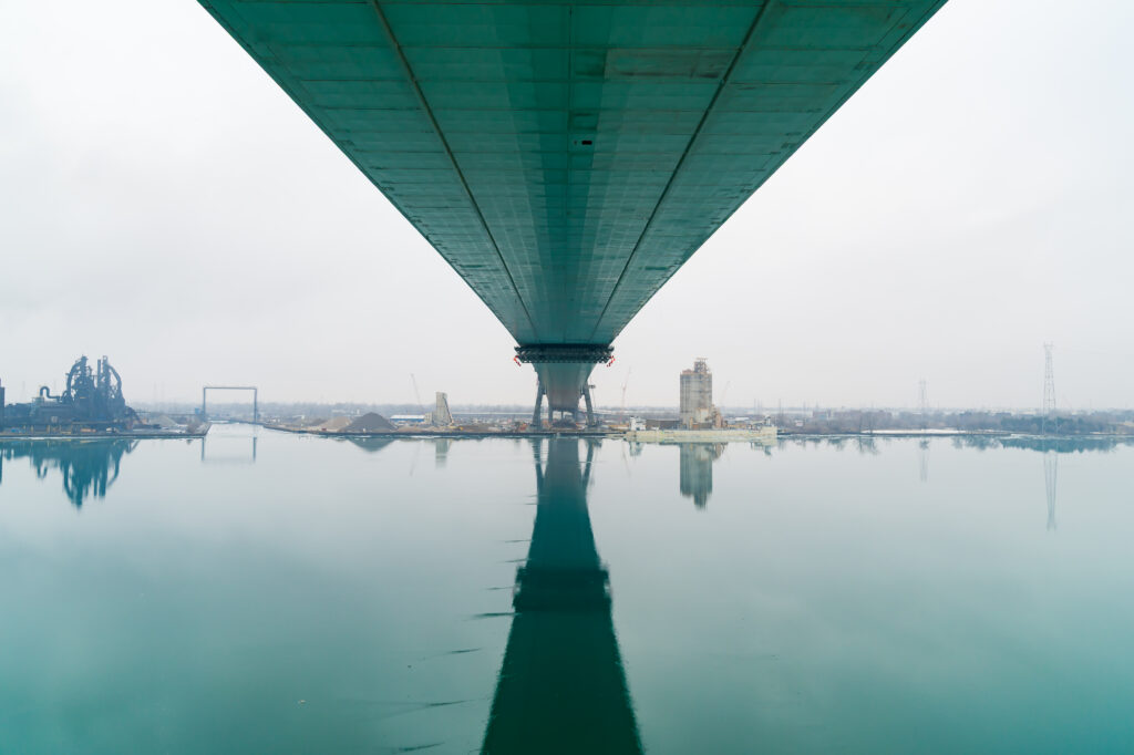 View from under the bridge looking out over the river