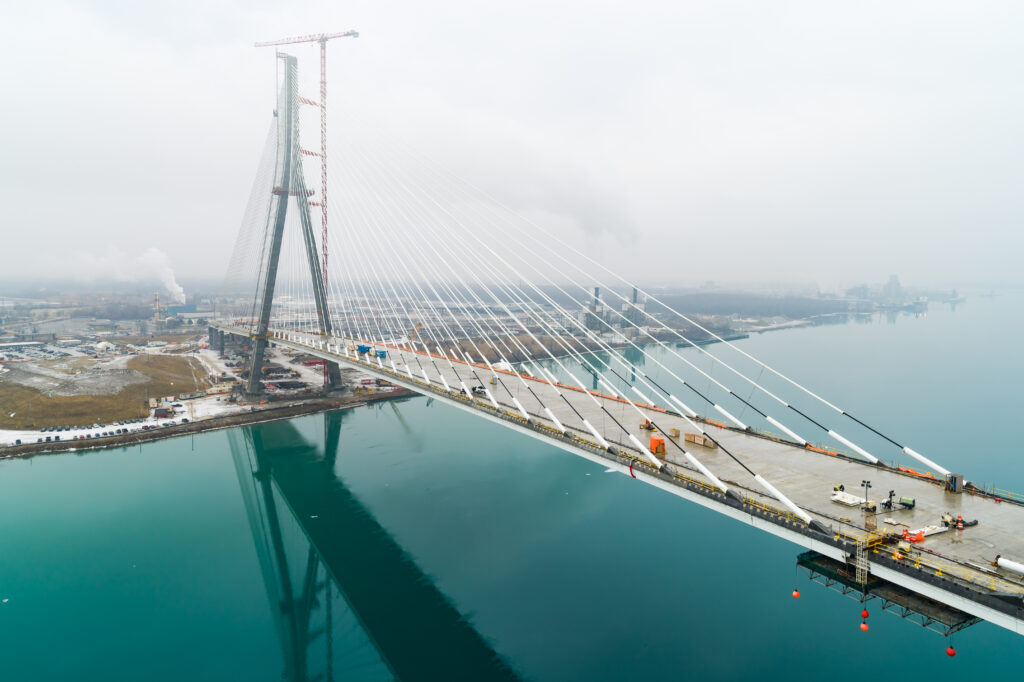 View of bridge span construction from the mid point of the bridge