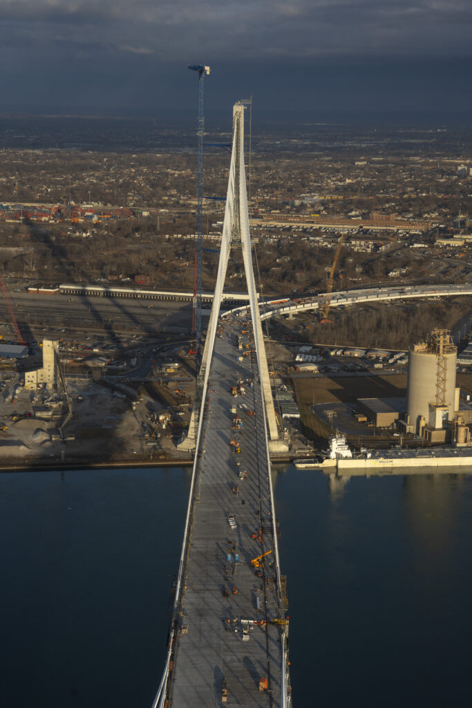 Looking down the bridge span from the top of the bridge