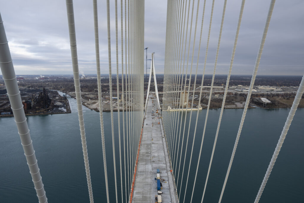 Image from mast with suspension cables on either side