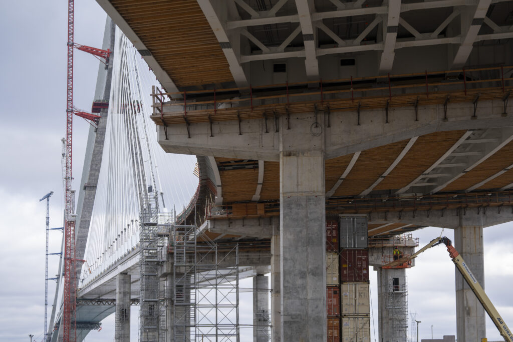 Image of bridge support construction from under bridge