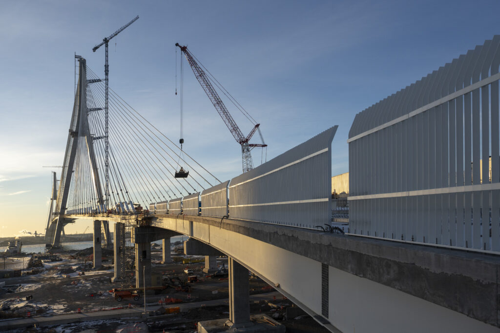 View of outside of bridge and the safety fencing set up