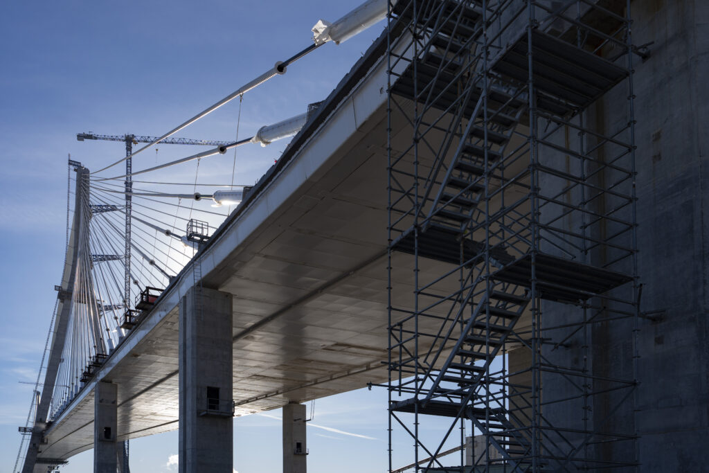 Image of scaffolding leading up to the bridge span