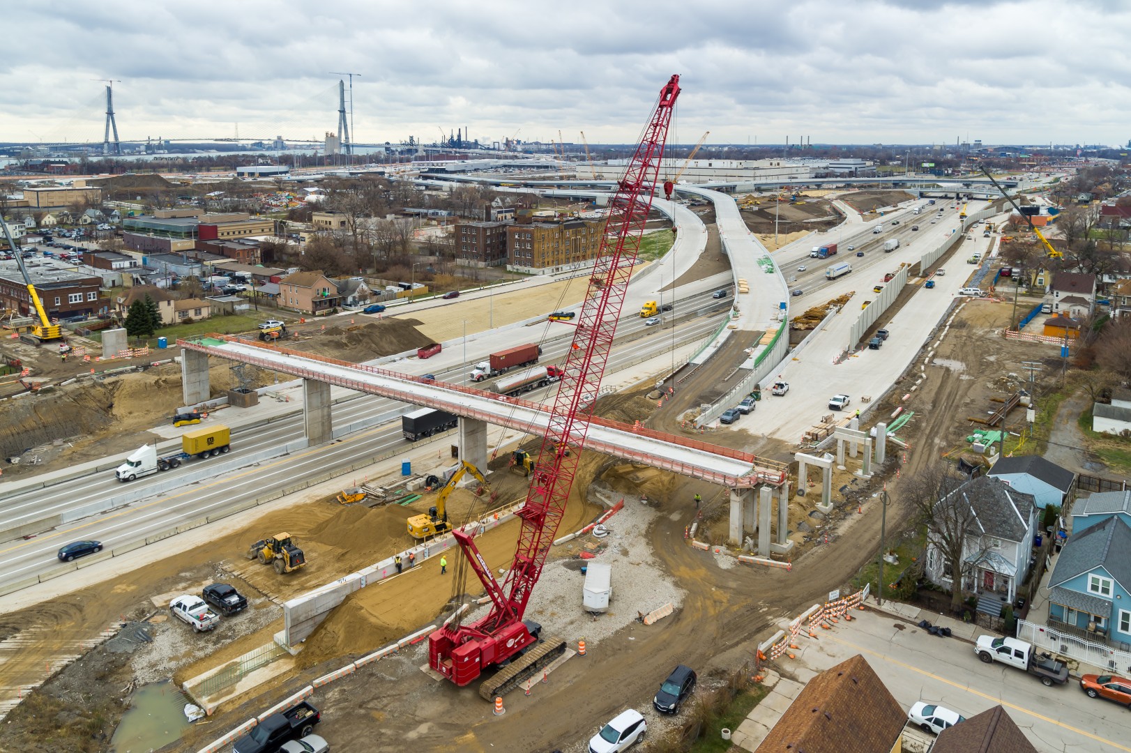 Overhead view of crane working on Michigan Interchange