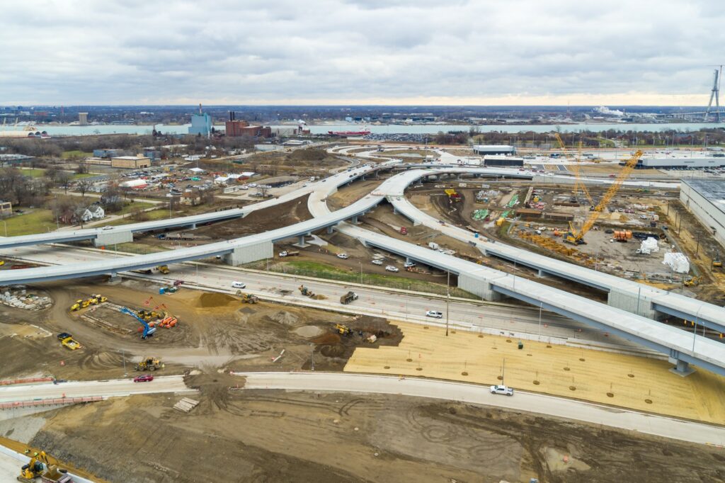 Overhead view of the construction of the Michigan Interchange