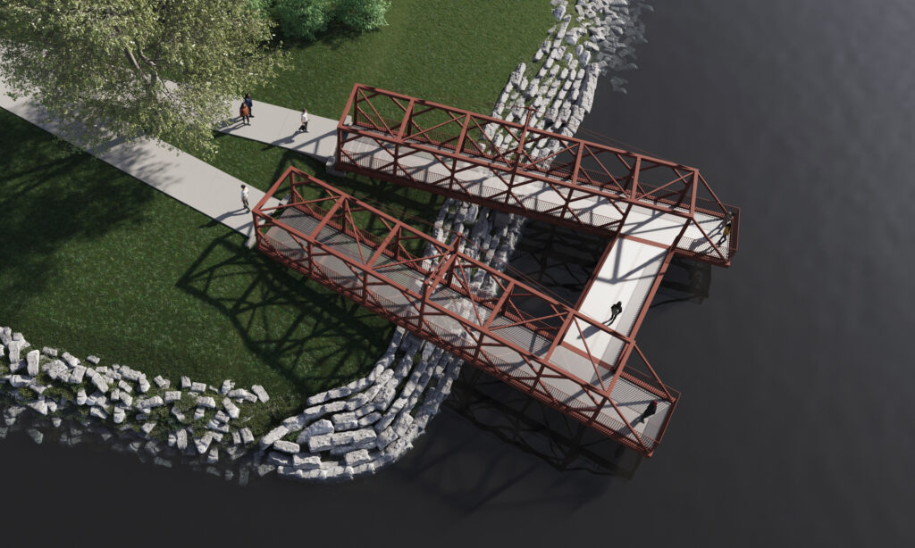 Rendering overhead view of Queens Dock.