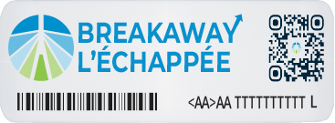 An image of the Breakaway windshield tag which includes the Breakaway logo, QR code and barcode.