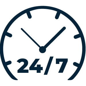 24 hour 7 day a week clock icon symbolizing around-the-clock operations and customer service.