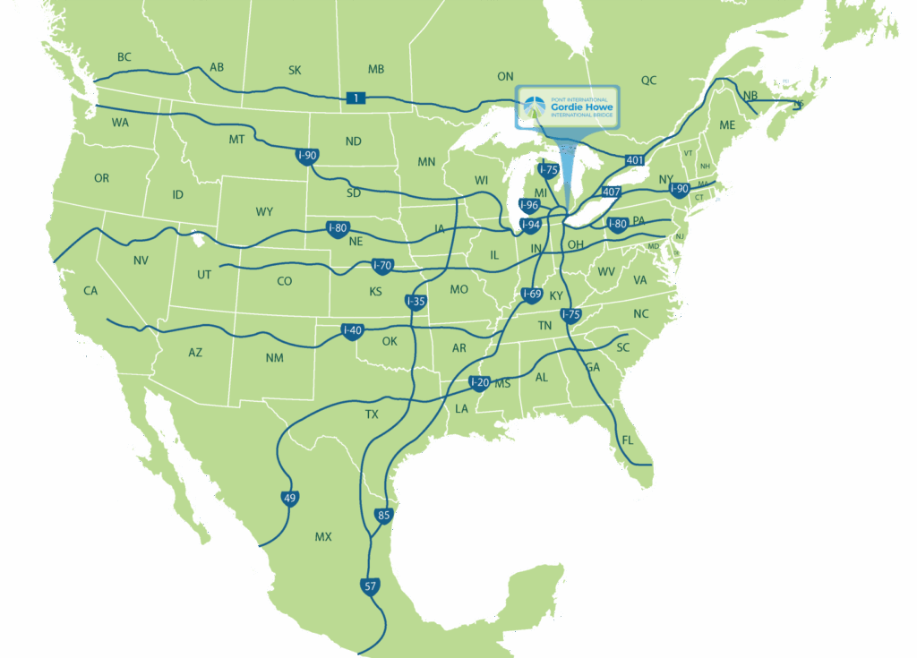 A map of North America highlighting the location of the Gordie Howe International Bridge and major highway routes.
