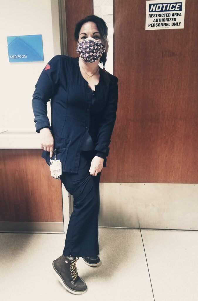 Jayne Griffor wore her new construction boots during her last weeks as a nurse before changing careers in 2021.