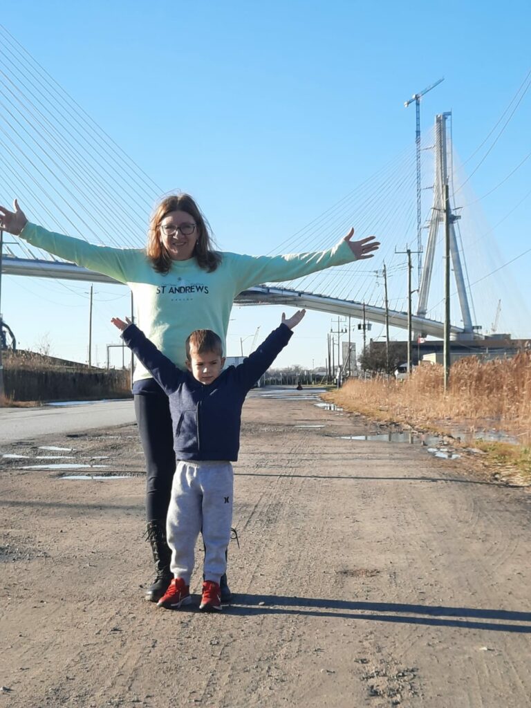 Lucas and his grandmother Sharon Marshall visit the Gordie Howe International Bridge on December 30, 2024.